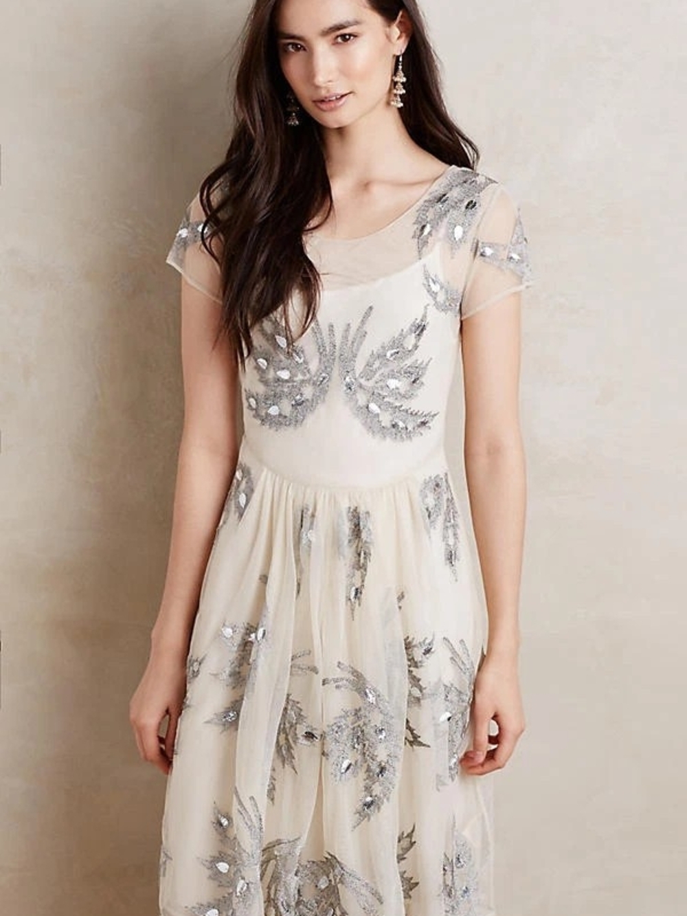 Anthropologie HD in Paris Ivory Tulle Midi Dress w/ Silver Sequin Embroidery SP